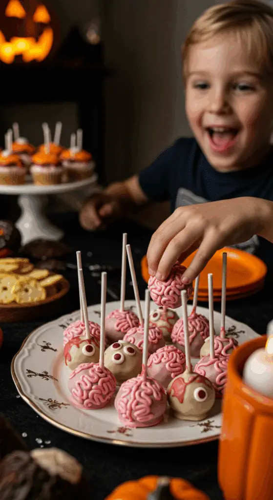 A large platter of homemade, spooky, and colorful Halloween Brain Cake Pops being served at a fun and casual Halloween party.