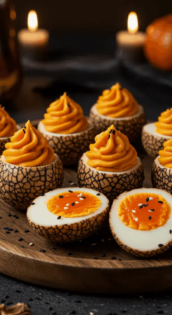A beautiful, rustic platter of homemade, spooky Halloween Deviled Eggs, with a dark, spiderweb crackle pattern on the egg whites and a vibrant, orange yolk filling.