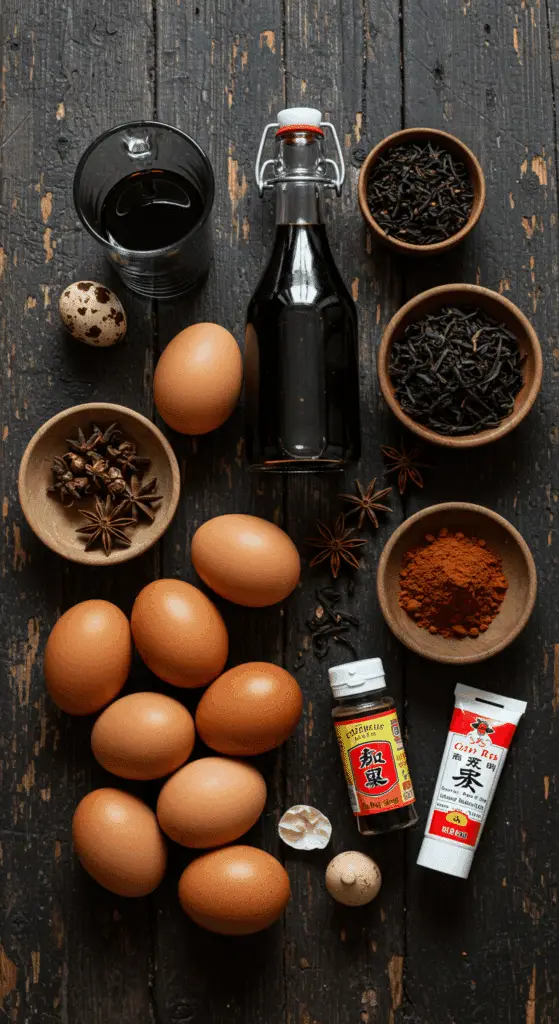 The simple, from-scratch ingredients for the easy and spooky Halloween Deviled Tea Eggs recipe.