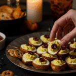 A large platter of homemade, spooky, and creepy Halloween Deviled Tea Eggs being served at a fun and sophisticated Halloween party.