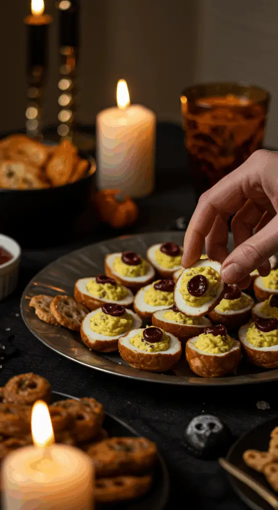 A large platter of homemade, spooky, and creepy Halloween Deviled Tea Eggs being served at a fun and sophisticated Halloween party.