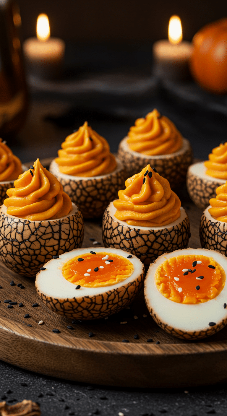 A beautiful, rustic platter of homemade, spooky Halloween Deviled Eggs, with a dark, spiderweb crackle pattern on the egg whites and a vibrant, orange yolk filling.