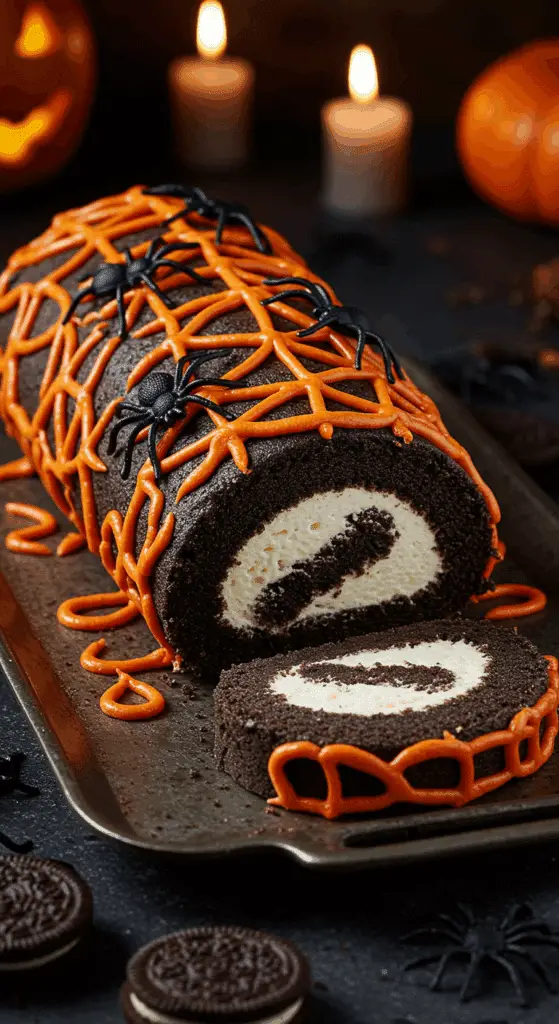 A beautiful, rustic platter with a homemade, spooky, and no-bake Halloween Spiderweb Cake Roll, with an orange marshmallow web and a perfect, swirled slice cut from the end.