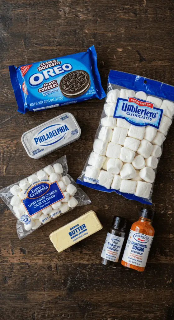 The simple, shortcut ingredients for the easy and spooky No-Bake Halloween Spiderweb Cake Roll.