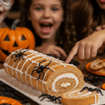 The whole, homemade, spooky, and web-covered Halloween Spiderweb Cake Roll being served as the centerpiece at a fun and casual Halloween party.