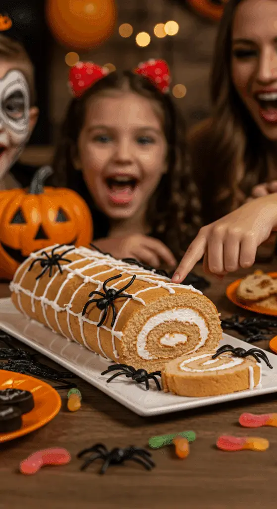 The whole, homemade, spooky, and web-covered Halloween Spiderweb Cake Roll being served as the centerpiece at a fun and casual Halloween party.