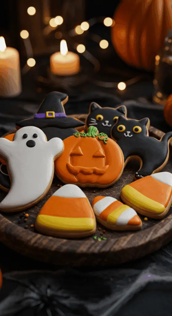 A beautiful, rustic platter of homemade, spooky, and decorated Halloween Sugar Cookies, including a ghost, a black cat, a pumpkin, and a candy corn.