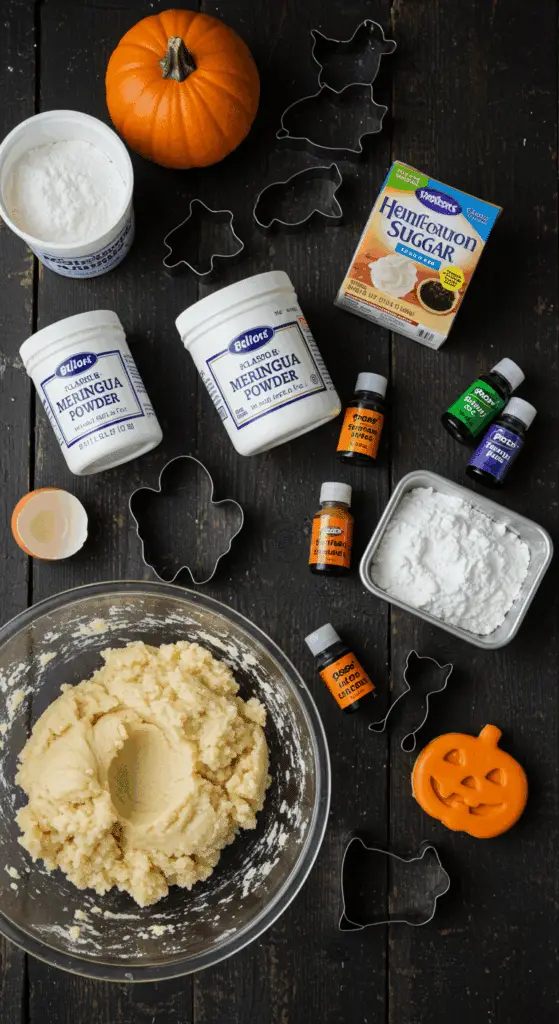 The simple, from-scratch ingredients for the easy and spooky Halloween Sugar Cookies recipe with royal icing.