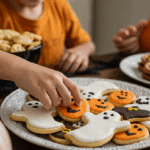 A large platter of homemade, spooky, and colorful Halloween Sugar Cookies being served at a fun and casual Halloween party.