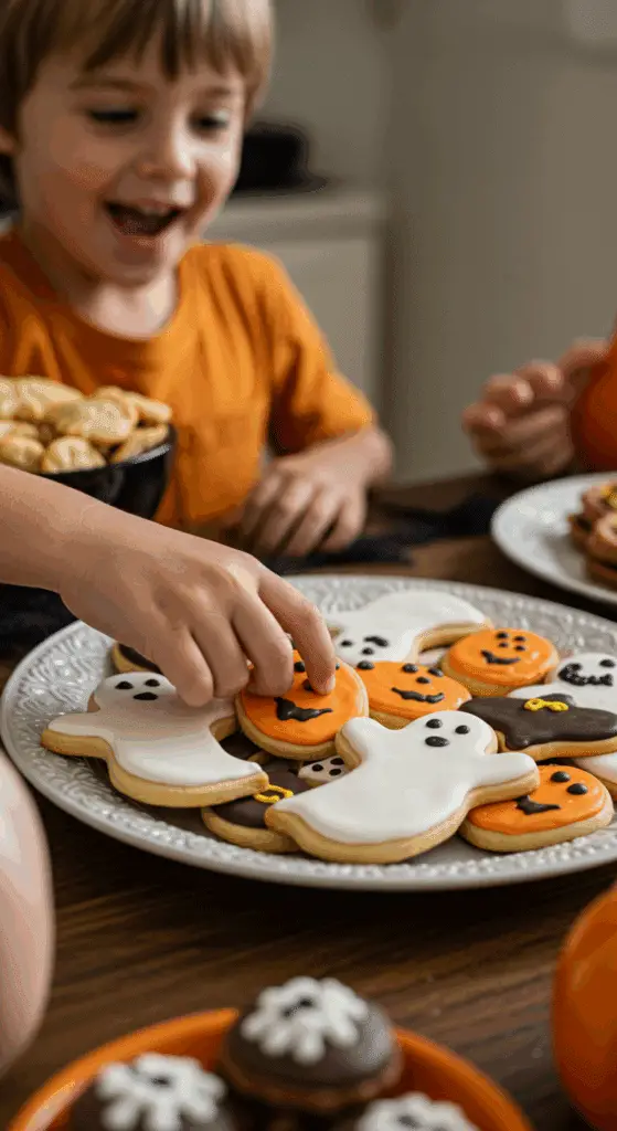 A large platter of homemade, spooky, and colorful Halloween Sugar Cookies being served at a fun and casual Halloween party.