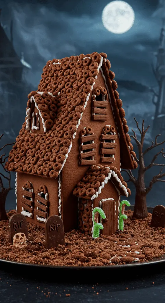 A beautiful, spooky, and homemade Haunted Gingerbread House, with dark gingerbread, creepy decorations, a cereal shingle roof, and a cookie graveyard.