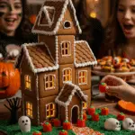 The whole, homemade, spooky, and detailed Haunted Gingerbread House being served as the centerpiece at a fun and casual Halloween party.