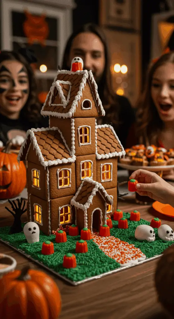 The whole, homemade, spooky, and detailed Haunted Gingerbread House being served as the centerpiece at a fun and casual Halloween party.