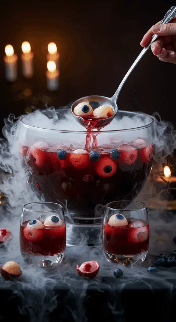 A beautiful, large glass punch bowl of a homemade, spooky, and deep red "Haunted" Hibiscus Punch, with creepy "eyeball" garnishes and a dry ice fog effect.