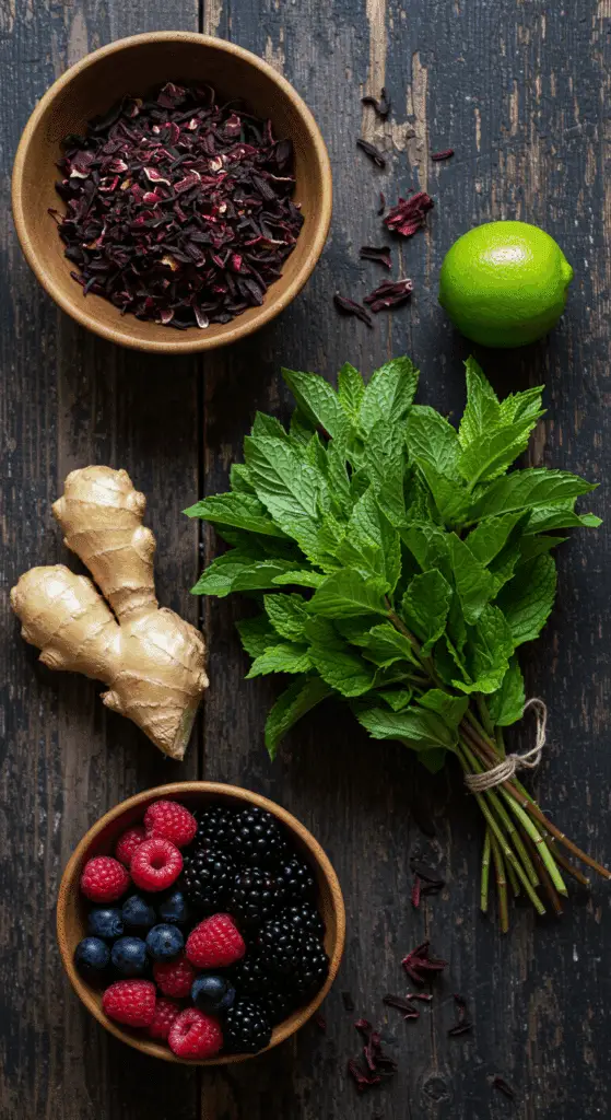 The simple, from-scratch ingredients for the easy and spooky "Haunted" Hibiscus Punch recipe.