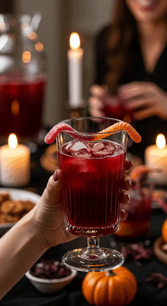 A hand holding an elegant glass of a homemade, red, and spooky "Haunted" Hibiscus Punch at a fun and festive Halloween party.