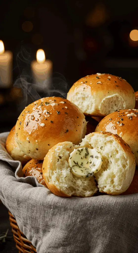 A beautiful, rustic basket filled with homemade, easy, and elegant Herby Butter Dinner Rolls, with a glossy, buttery top and a fluffy, steamy interior.