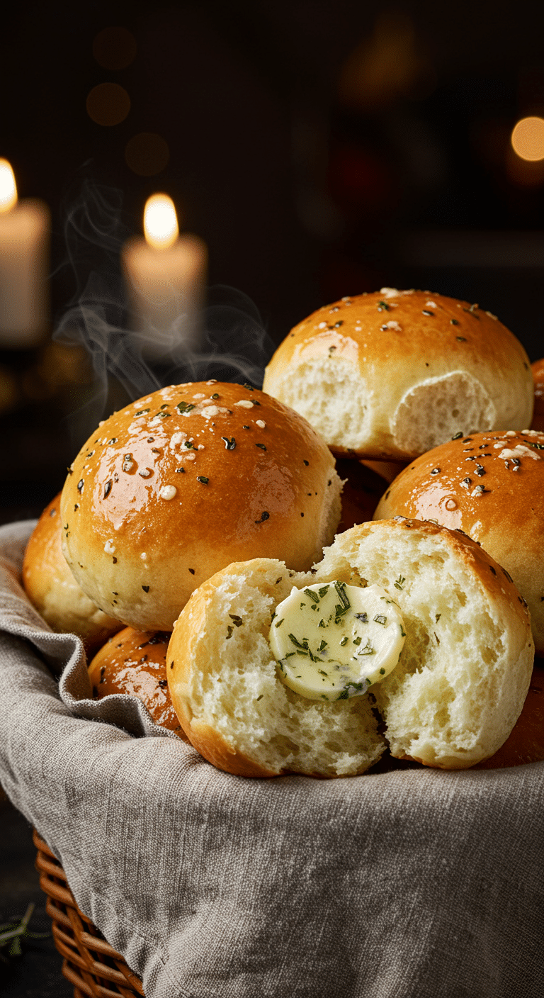 A beautiful, rustic basket filled with homemade, easy, and elegant Herby Butter Dinner Rolls, with a glossy, buttery top and a fluffy, steamy interior.