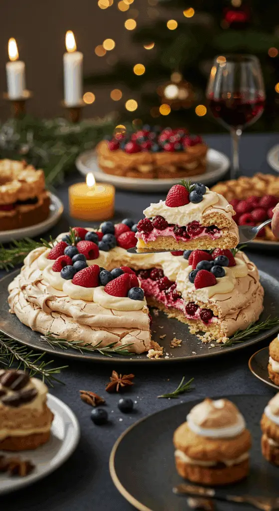 A beautiful, elegant cake stand with a homemade, festive Holiday Meringue Wreath, topped with white whipped cream and a jewel-toned cascade of red berries.
