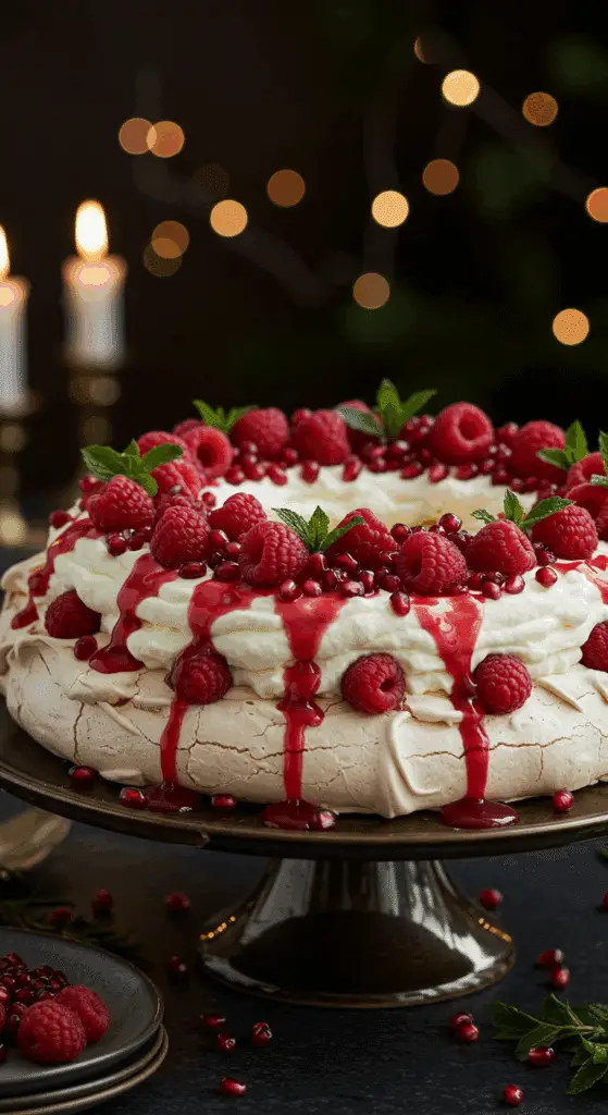 A beautiful, elegant cake stand with a homemade, festive Holiday Meringue Wreath, topped with white whipped cream and a jewel-toned cascade of red berries.