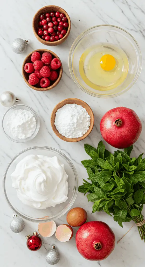 The simple, from-scratch ingredients for the classic and festive Holiday Berry Meringue Wreath.