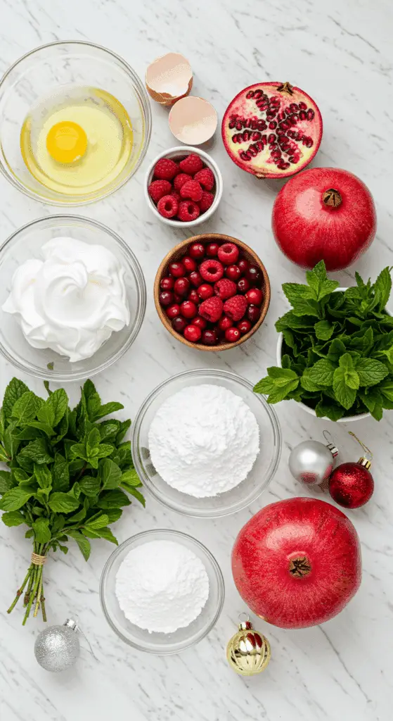 The simple, from-scratch ingredients for the classic and festive Holiday Berry Meringue Wreath.