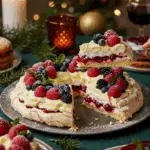 The whole, homemade, impressive, and festive Holiday Berry Meringue Wreath being served as the centerpiece at a fun and sophisticated Christmas party.