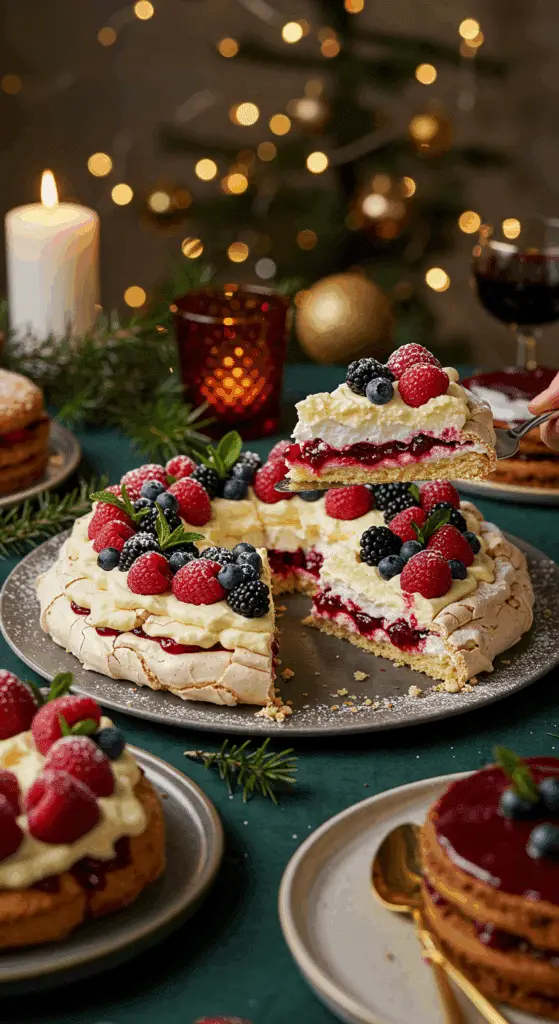 The whole, homemade, impressive, and festive Holiday Berry Meringue Wreath being served as the centerpiece at a fun and sophisticated Christmas party.