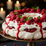 The whole, homemade, impressive, and festive Holiday Berry Meringue Wreath being served as the centerpiece at a fun and sophisticated Christmas party.
