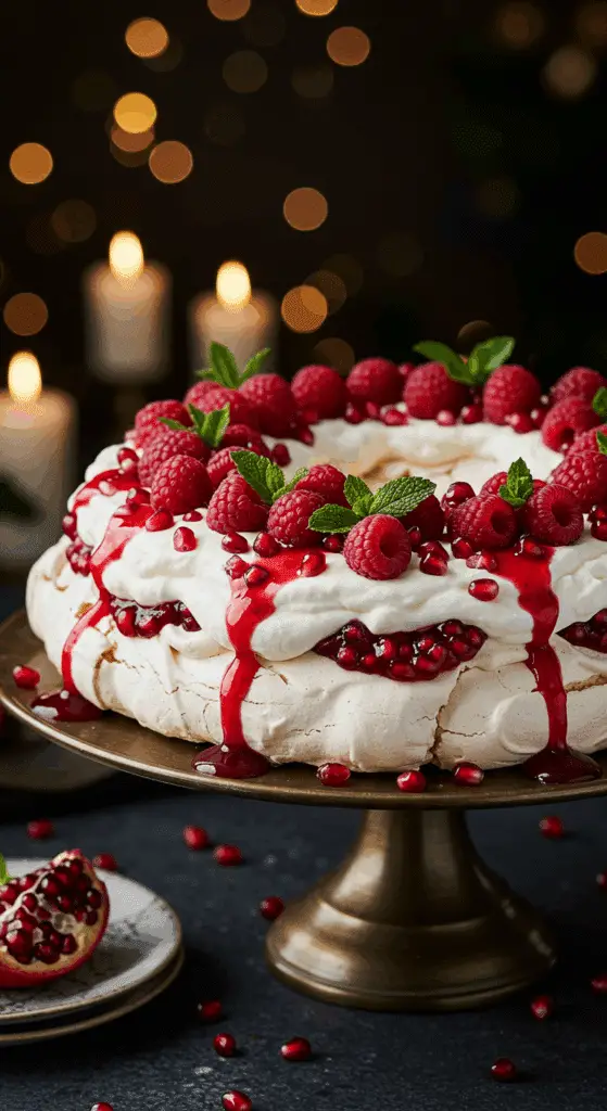 The whole, homemade, impressive, and festive Holiday Berry Meringue Wreath being served as the centerpiece at a fun and sophisticated Christmas party.