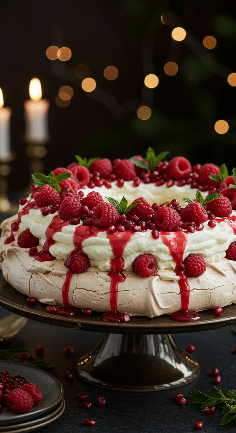 A beautiful, elegant cake stand with a homemade, festive Holiday Meringue Wreath, topped with white whipped cream and a jewel-toned cascade of red berries.