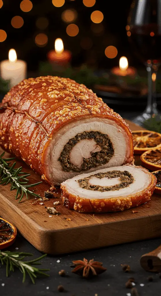A beautiful, rustic cutting board with a homemade, juicy, and impressive Holiday Porchetta, with a crispy, golden crackling and a beautiful, spiral-stuffed slice cut from the end.