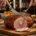The whole, homemade, impressive, and crispy Porchetta being carved as the centerpiece at a fun and sophisticated Christmas party.