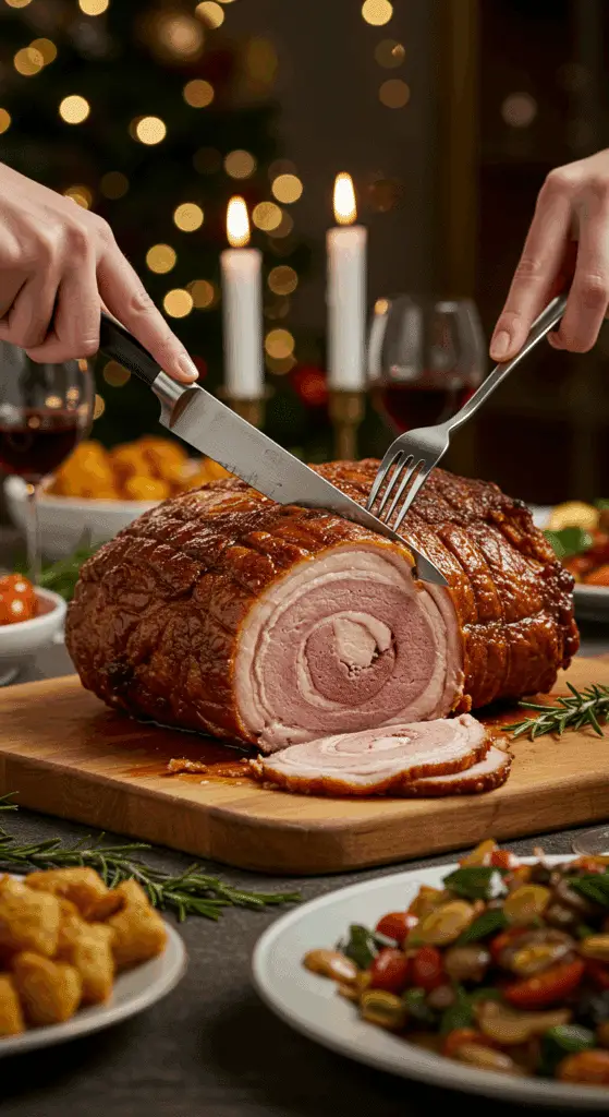 The whole, homemade, impressive, and crispy Porchetta being carved as the centerpiece at a fun and sophisticated Christmas party.