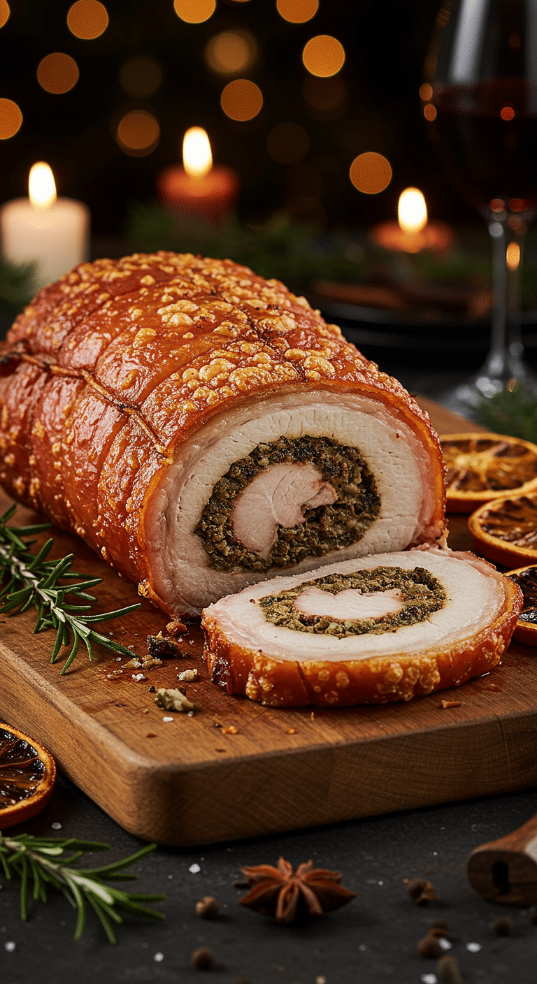 A beautiful, rustic cutting board with a homemade, juicy, and impressive Holiday Porchetta, with a crispy, golden crackling and a beautiful, spiral-stuffed slice cut from the end.