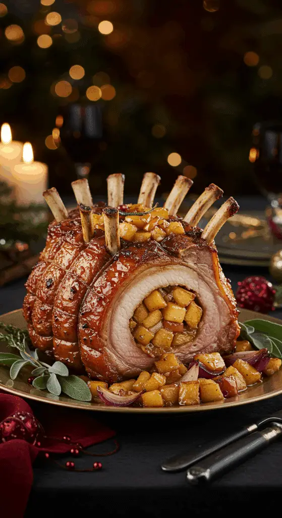 A beautiful, rustic platter with a homemade, juicy, and impressive Holiday Pork Crown Roast, with a crispy, spiced crust, a glossy glaze, and a caramelized apple and onion filling.