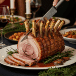 The whole, homemade, impressive, and glazed Pork Crown Roast being carved as the centerpiece at a fun and sophisticated Christmas party.