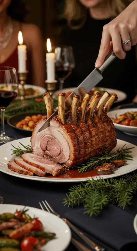 The whole, homemade, impressive, and glazed Pork Crown Roast being carved as the centerpiece at a fun and sophisticated Christmas party.
