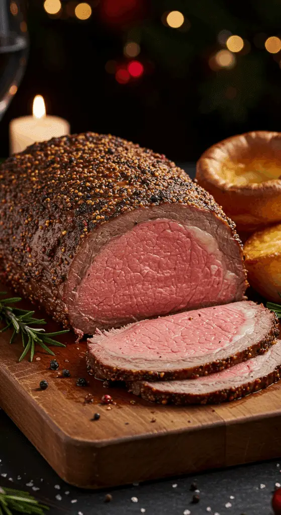 A beautiful, rustic cutting board with a homemade, juicy, and impressive Christmas Prime Rib, with a crispy, dark crust, a rosy-pink interior, and a giant, puffy Yorkshire Pudding.