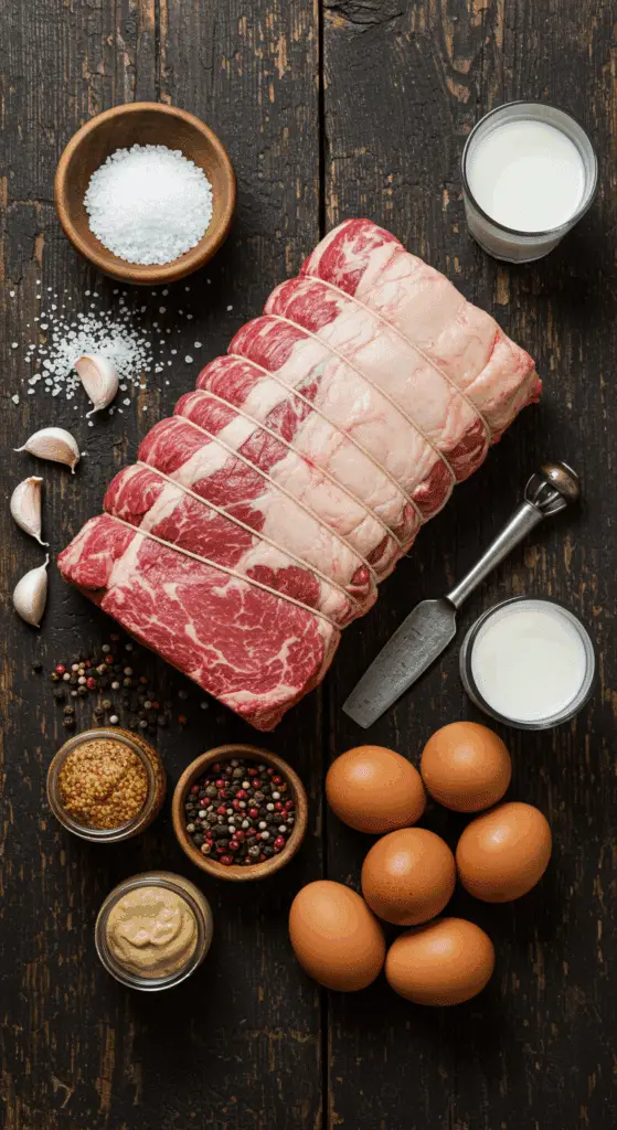 The simple, from-scratch ingredients for the classic and impressive Holiday Prime Rib and Yorkshire Pudding.