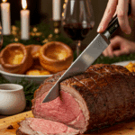 The whole, homemade, impressive, and crusted Prime Rib being carved as the centerpiece at a fun and sophisticated Christmas party.