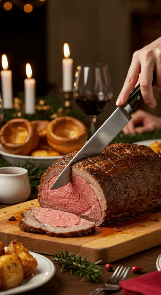 The whole, homemade, impressive, and crusted Prime Rib being carved as the centerpiece at a fun and sophisticated Christmas party.