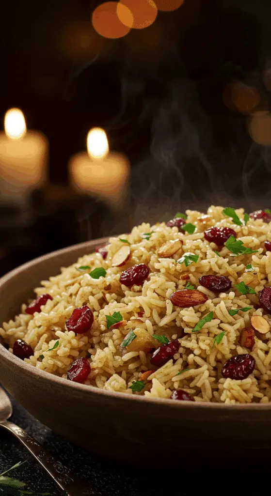 A beautiful, rustic serving bowl of homemade, easy, and elegant Holiday Rice Pilaf, with a fluffy texture and studded with red cranberries and golden almonds.