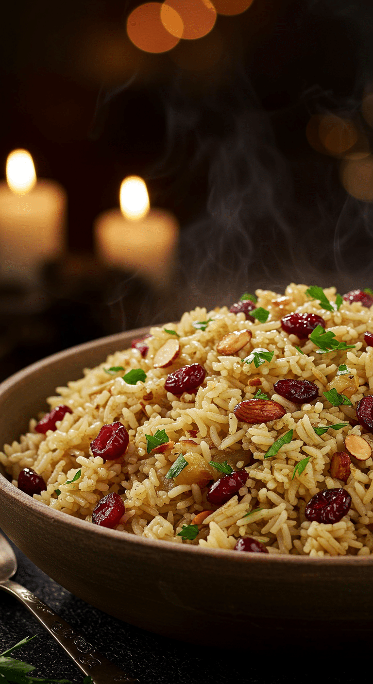 A beautiful, rustic serving bowl of homemade, easy, and elegant Holiday Rice Pilaf, with a fluffy texture and studded with red cranberries and golden almonds.