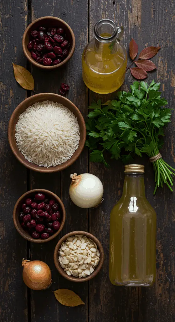 The simple, from-scratch ingredients for the classic and impressive Holiday Almond Cranberry Rice Pilaf.