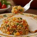A beautiful plate of a homemade, elegant, and colorful Holiday Rice Pilaf, being served with a thick slice of a roasted turkey at a Thanksgiving dinner.