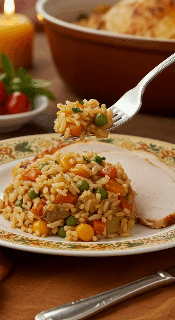 A beautiful plate of a homemade, elegant, and colorful Holiday Rice Pilaf, being served with a thick slice of a roasted turkey at a Thanksgiving dinner.