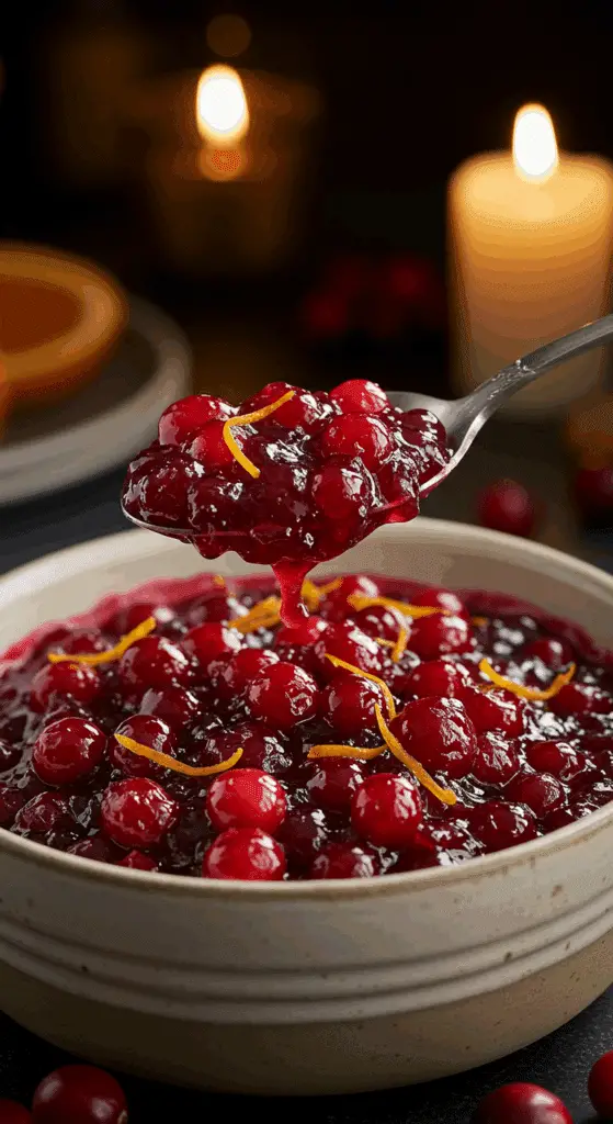 A beautiful, rustic serving bowl of homemade, easy, and elegant Cranberry-Orange Sauce, with a glossy, chunky texture and a vibrant, jewel-toned red color.