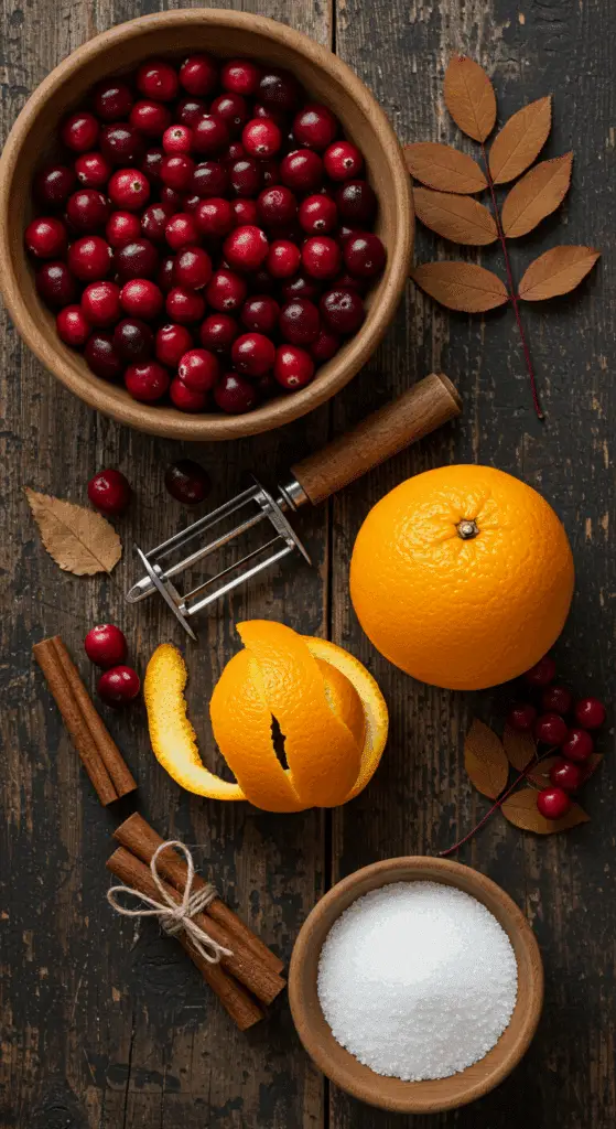 The simple, from-scratch ingredients for the classic and impressive Holiday Cranberry-Orange Sauce.