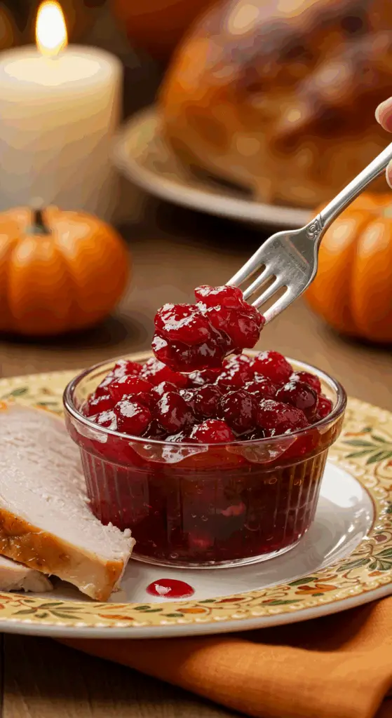 A beautiful plate with a homemade, elegant, and chunky Cranberry-Orange Sauce, being served with a thick slice of a roasted turkey at a Thanksgiving dinner.